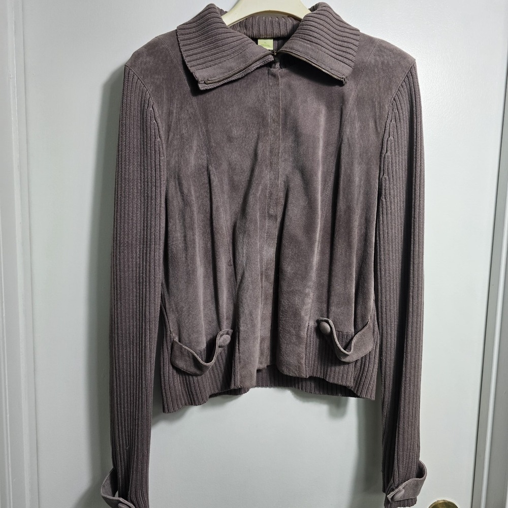 Sigrid Olsen Women's XL Gray Knit Leather Panel Jacket Zip Front Mixed Media